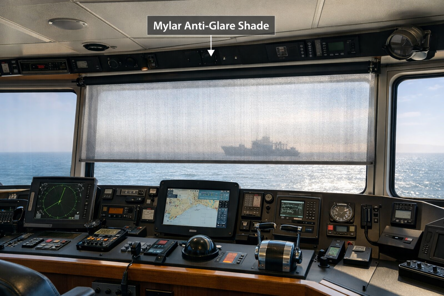 Mylar anti-glare shade in ship wheelhouse