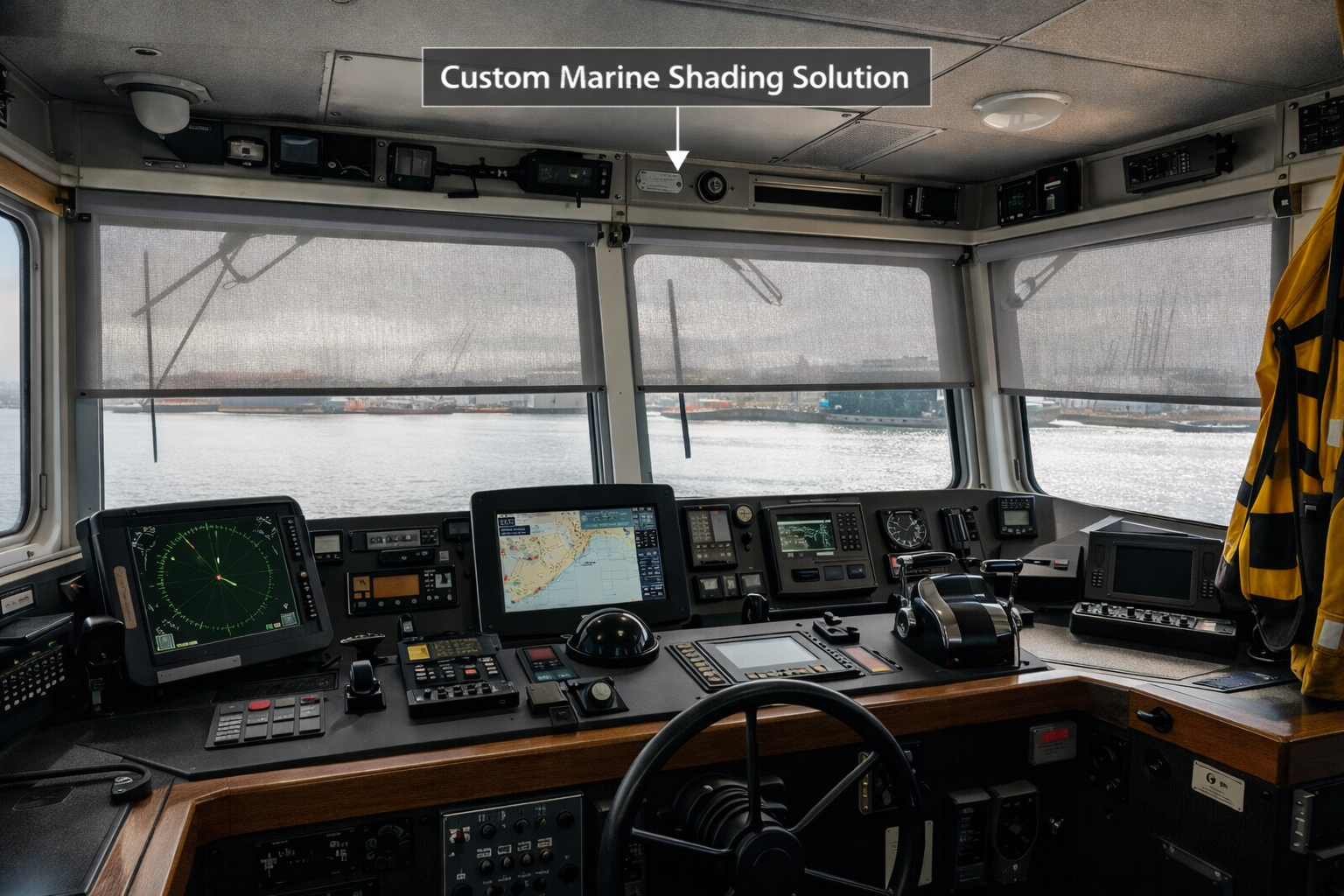 Blackout shade installed in vessel stateroom